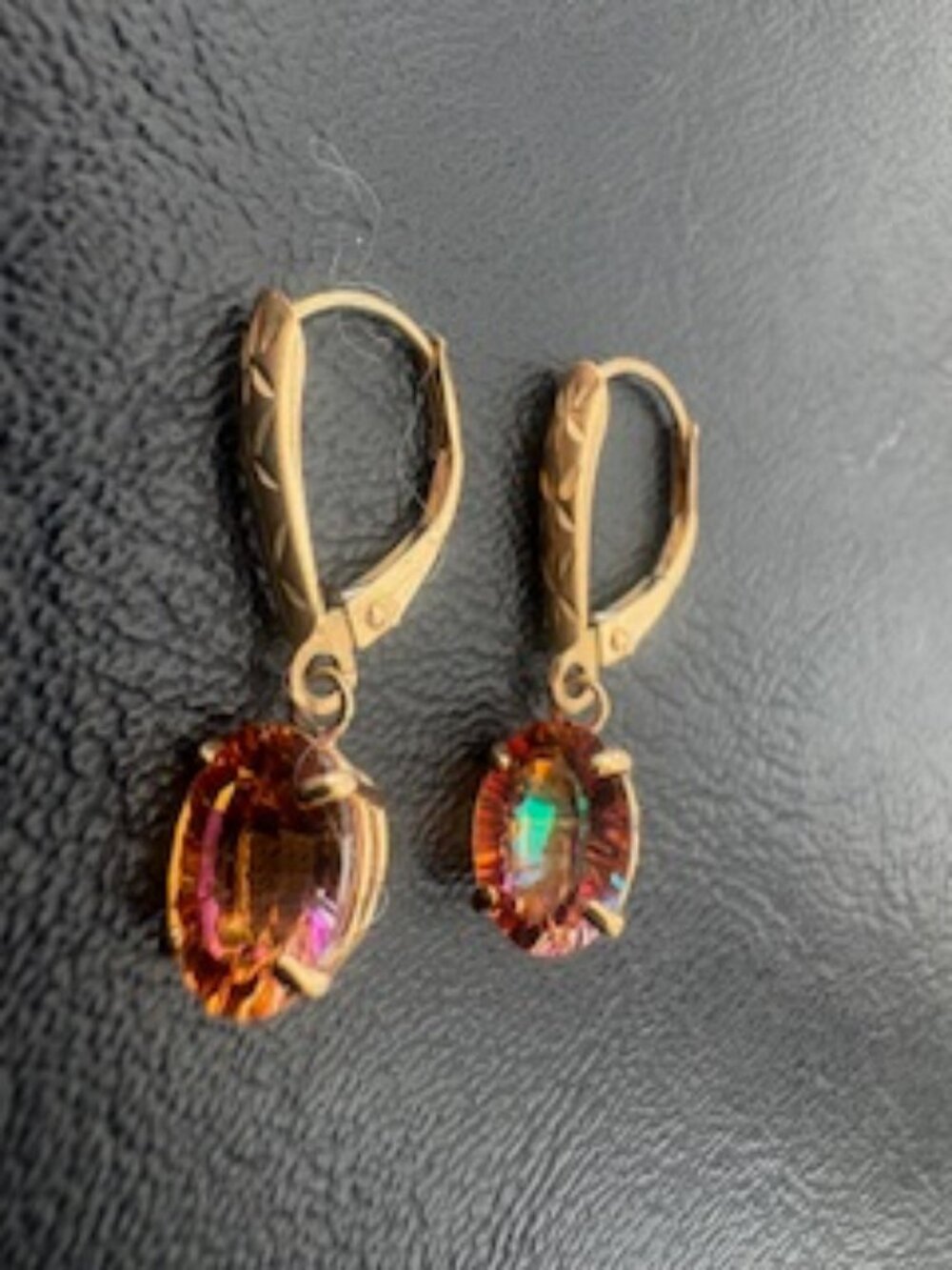 14K gold dangling earrings-Leverback-Multifaceted Topaz fire gemstones